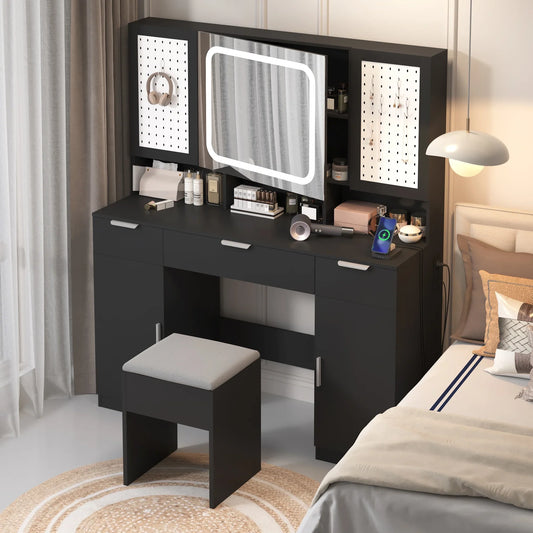 Ktaxon Large Lighted Makeup Vanity Table Set with DIY Pegboard Design, 3-Drawer Dressing Table with Charging Station, Bedroom Makeup Table, Black
