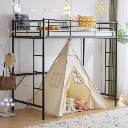 Ktaxon Metal Twin Size Loft Bed Frame with Stairs & Full-Length Guardrail, Black (Desk not included)