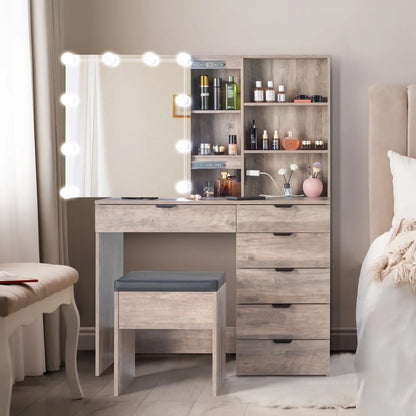 Ktaxon Vanity Set with 3 Color Lighted Mirror & Charging Station, Makeup Table with 6 Drawers, Dressing Table Makeup Desk with Stool,Retro Gray