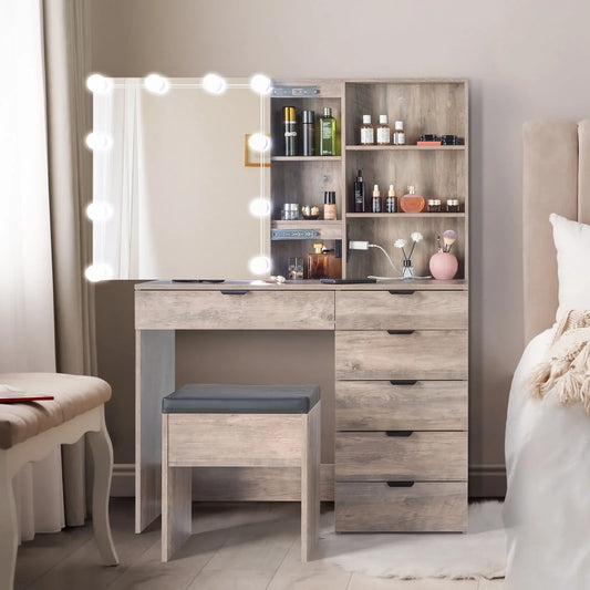 Ktaxon Vanity Set with 3 Color Lighted Mirror & Charging Station, Makeup Table with 6 Drawers, Dressing Table Makeup Desk with Stool,Retro Gray