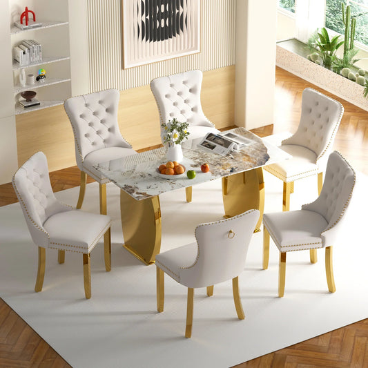 Sumdeal 63" Modern Sintered Stone Dining Table with 6 Velvet Dining Chairs,White pattened Table with Golden Leg,6 Beige Chairs