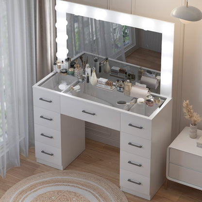 Ktaxon Large Makeup Vanity with 9 Drawers, Vanity Desk with 3 Color Light, Vanity Table Set w/ Visible Glass Top and USB Charging Station, for Girls and Women, White