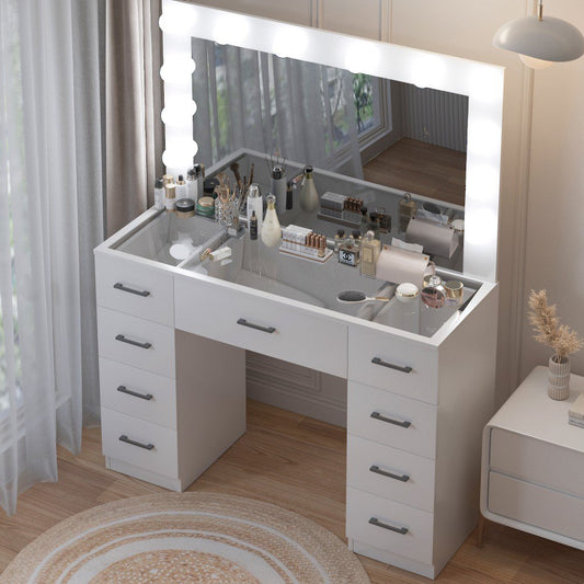 Ktaxon Large Makeup Vanity with 9 Drawers, Vanity Desk with 3 Color Light, Vanity Table Set w/ Visible Glass Top and USB Charging Station, for Girls and Women, White