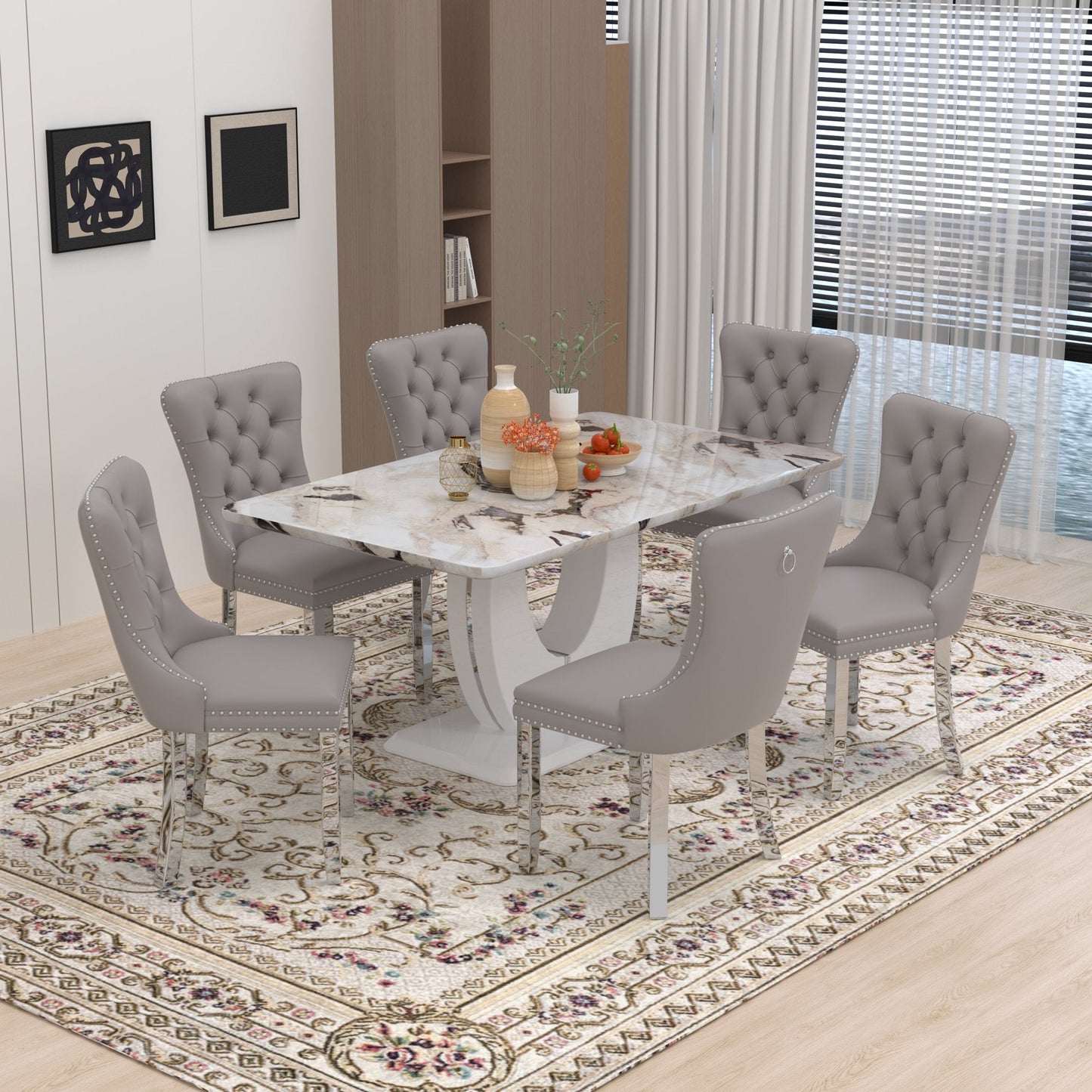 63" Modern Rectangle Faux Marble Dining Table Room Sets for 6,Dining Table with 6 Velvet Dining Chairs,White Table and 6 Gray Chairs with Silver Leg
