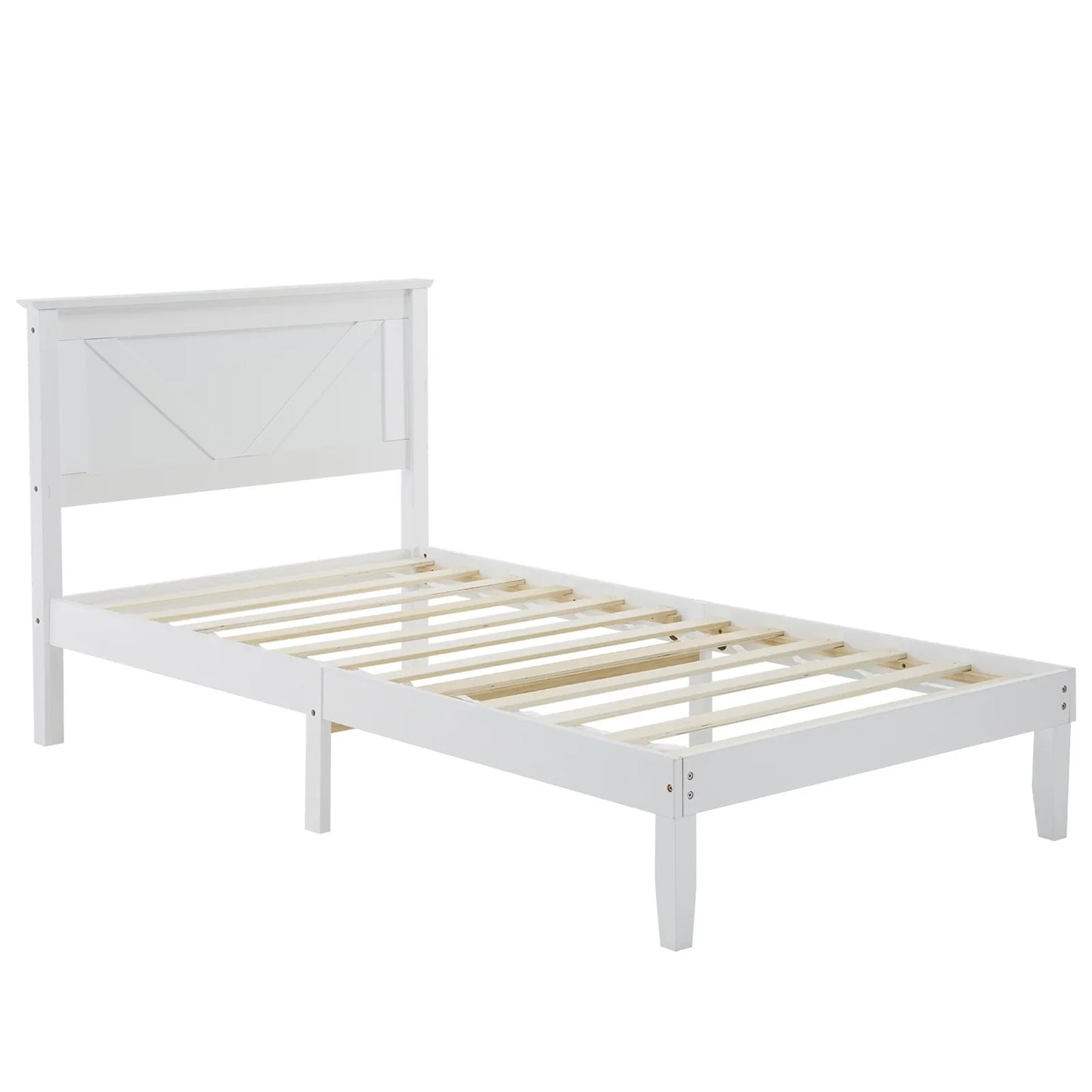 Ktaxon Twin Bed Frame Solid Wood Platform Bed Frame, Single Panel Bed with Headboard, No Box Spring Needed Panel Bed, Wood Slat Support Mattress Foundation, White
