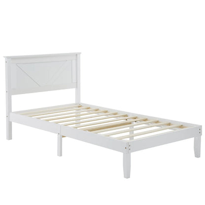 Ktaxon Twin Bed Frame Solid Wood Platform Bed Frame, Single Panel Bed with Headboard, No Box Spring Needed Panel Bed, Wood Slat Support Mattress Foundation, White