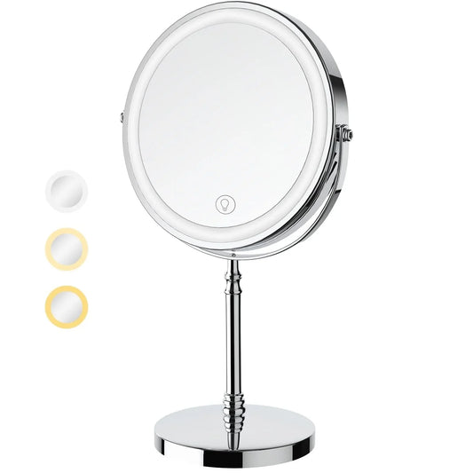 Lighted Makeup Mirror with 10X Magnifying, Rechargeable Double Side 3 Color Lighting, Dimmable Vanity Mirror with Touch Control 360¡ã Rotation Makeup Mirror for Desk for Woman, Silver
