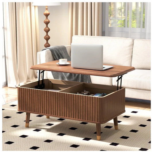 JOINICE Lift Top Coffee Table with Storage,Mid-Century Modern Style,Waveform Panel,for Living Room,Walnut