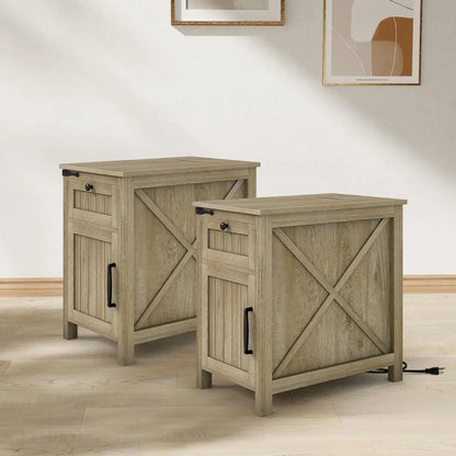 Nightstand with Charger Station,Industrial/Farmhouse End Table with Drawers & Cabinet,Side Table with Door and Storage Shelf,Side Tables for Living Room,Bedroom,Office (Light Rustic Oak X2)