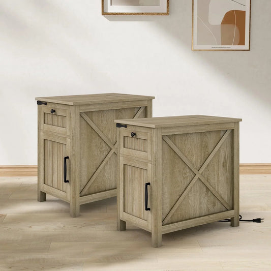 Nightstand with Charger Station,Industrial/Farmhouse End Table with Drawers & Cabinet,Side Table with Door and Storage Shelf,Side Tables for Living Room,Bedroom,Office (Light Rustic Oak X2)