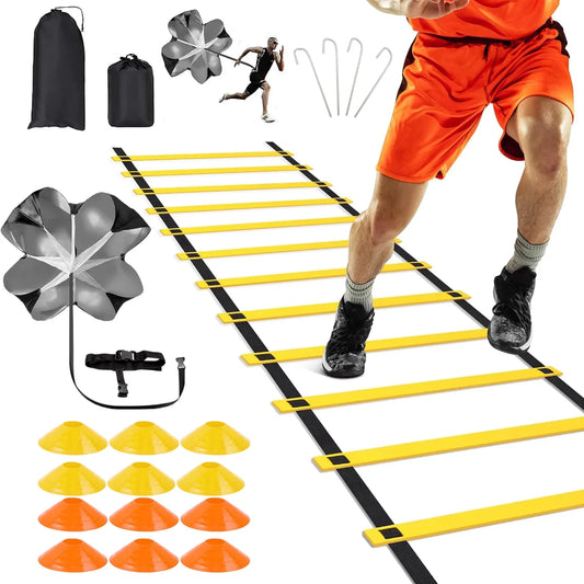 Speed Agility Training Kit-Includes 12 Rung 20ft Adjustable Agility Ladder with Carrying Bag, 12 Disc Cones, 4 Steel Stakes, 1 Resistance Parachute,Footwork Skills Drill Gear for Football and Soccer