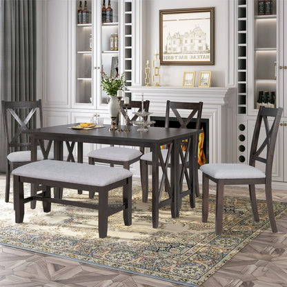 Churanty Farmhouse Dining Table Set for 6, Kitchen Foldable Dining Table with 4 Upholstered Chairs and Bench, Espresso