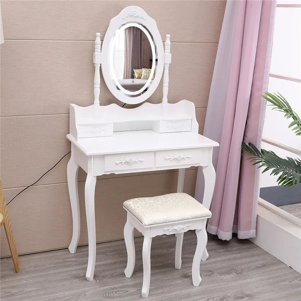 Ktaxon Elegance White Dressing Table Vanity Table and Stool Set Wood Makeup Desk with 4 Drawers & Lighted LED Touch Screen Mirror