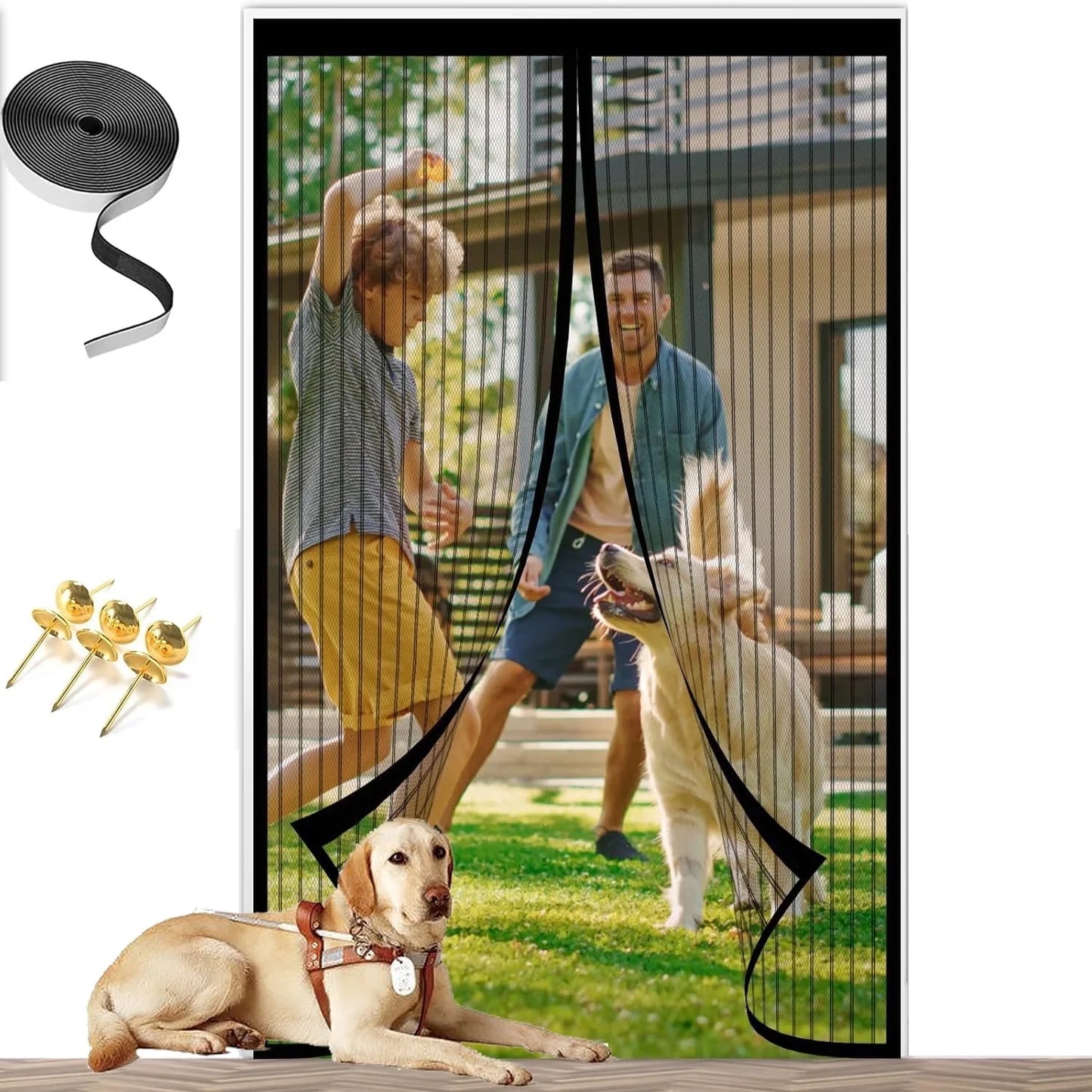 Magnetic Screen Door, Door Curtain Screen Size 37 x 82 Inch / 95 x 210mm, Stronger Magnets, Hands Free Mesh Partition Keeps Bugs Out, Pet and Kid Friendly, Easy Adhesive Mounting Without Drilling