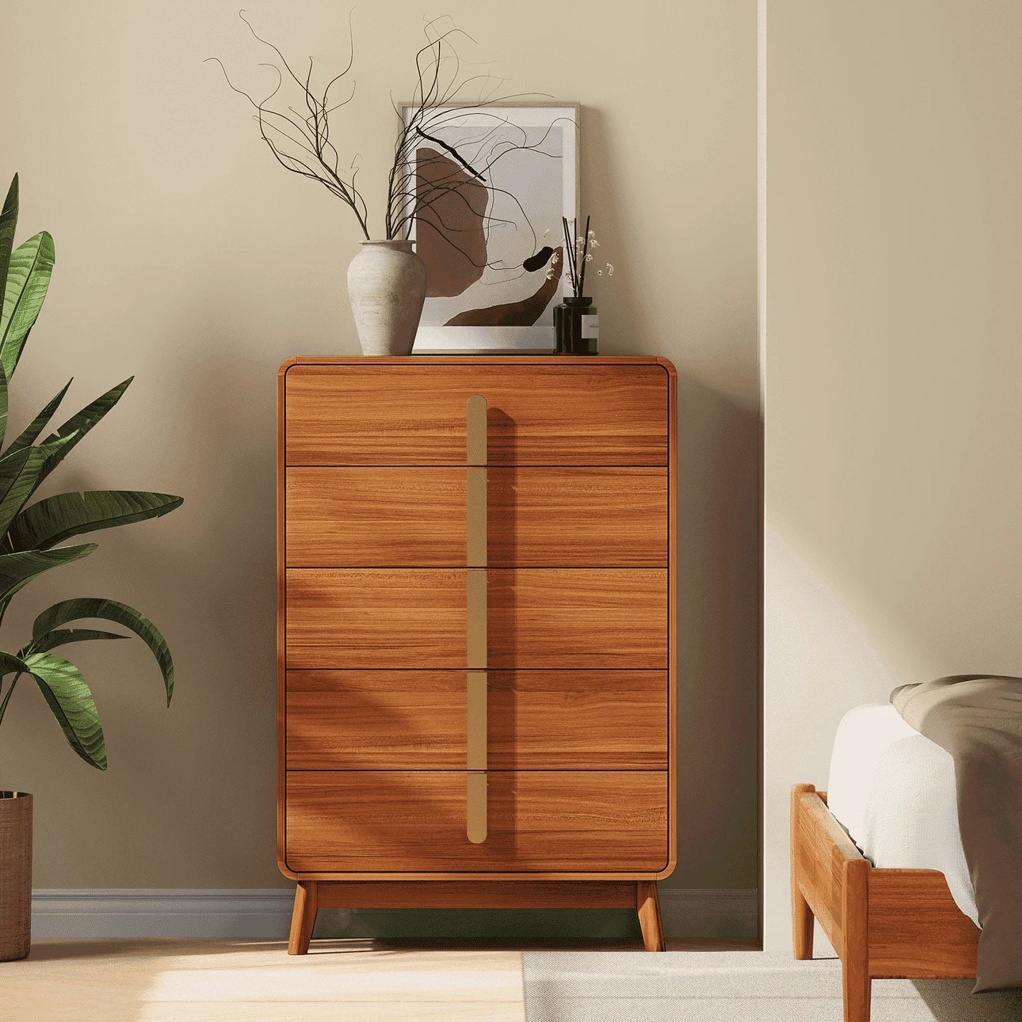 JOINICE Mid Century Modern Dresser,5 Drawer Adult Dresser, for Bedroom,Living Room,Cherry