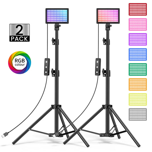 2-Pack LED Video Light Kit, Remote Control Dimmable USB LED Continuous Light Photography Light with Tripods, 9 Color Filters and 10 Brightness Level for Video Recording, Game Streaming, YouTube