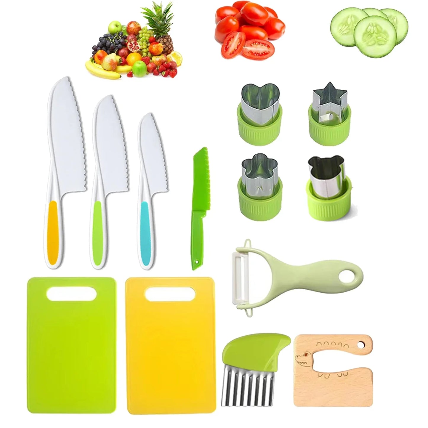 Kid Knife Set for Real Cooking, 13 Pieces Montessori Kitchen Tools, Toddler Safe Knives Set, Kids Cooking Set Real with Plastic Wooden Knives, Cutting Boards, Sandwich Cutters