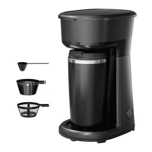 Moifoi Mini Single Serve Coffee Maker, Portable Coffee Maker with 14Oz Thermal Travel Mug, Reusable Filter, Black