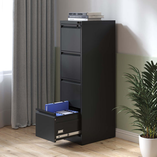 IKIMI 4 Drawer File Cabinet,Metal Filing Cabinets with Lock,Black Vertical File Cabinet for Home Office,Heavy Duty Metal Storage Cabinet for A4/Letter/Legal Size File