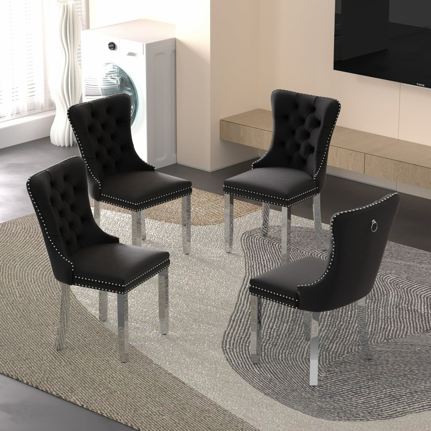Sumdeal Velvet Dining Chairs Set of 4, Tall Back Side Chair, Modern Upholstered High-end Tufted Side Chair with Button Back Ring,Black with Silver Leg