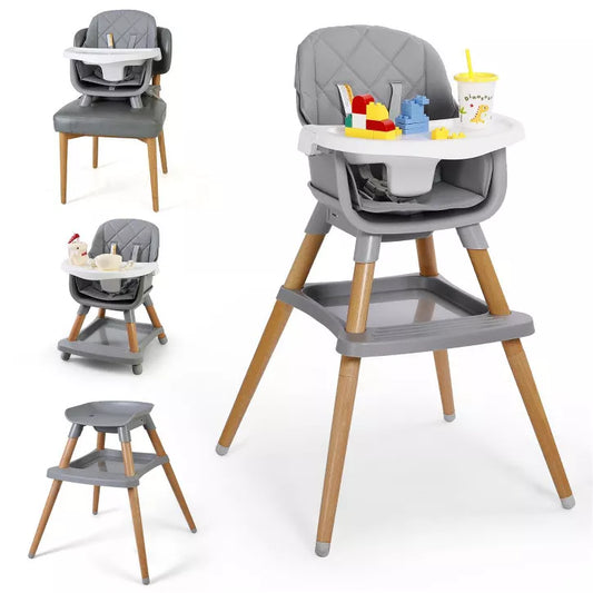 Kinder King 7 in 1 Baby High Chair Convert to Wooden Feeding Chair Removable Tray 5-Point Harness Gray