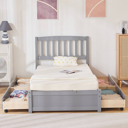 Ktaxon Wood Twin Bed with 4 Storage Drawers, Solid Wood Platform Bed with Headboard, Wooden Slats Support Mattress Foundation, No Spring Needed, Twin Bed Frame for Kids, Teens, Adults, Grey