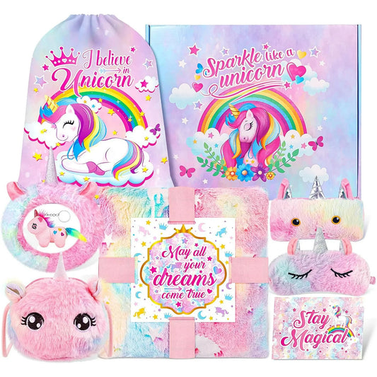 SRIZIAN Unicorn Gift Set for Girls Age 3 to 12, Christmas Birthday Festival Gifts for Girls, Glow in Dark Blanket Satchel Headband Eyeshade Pen Bag Drawstring Bag Unicorn Pendant Greeting Card Set