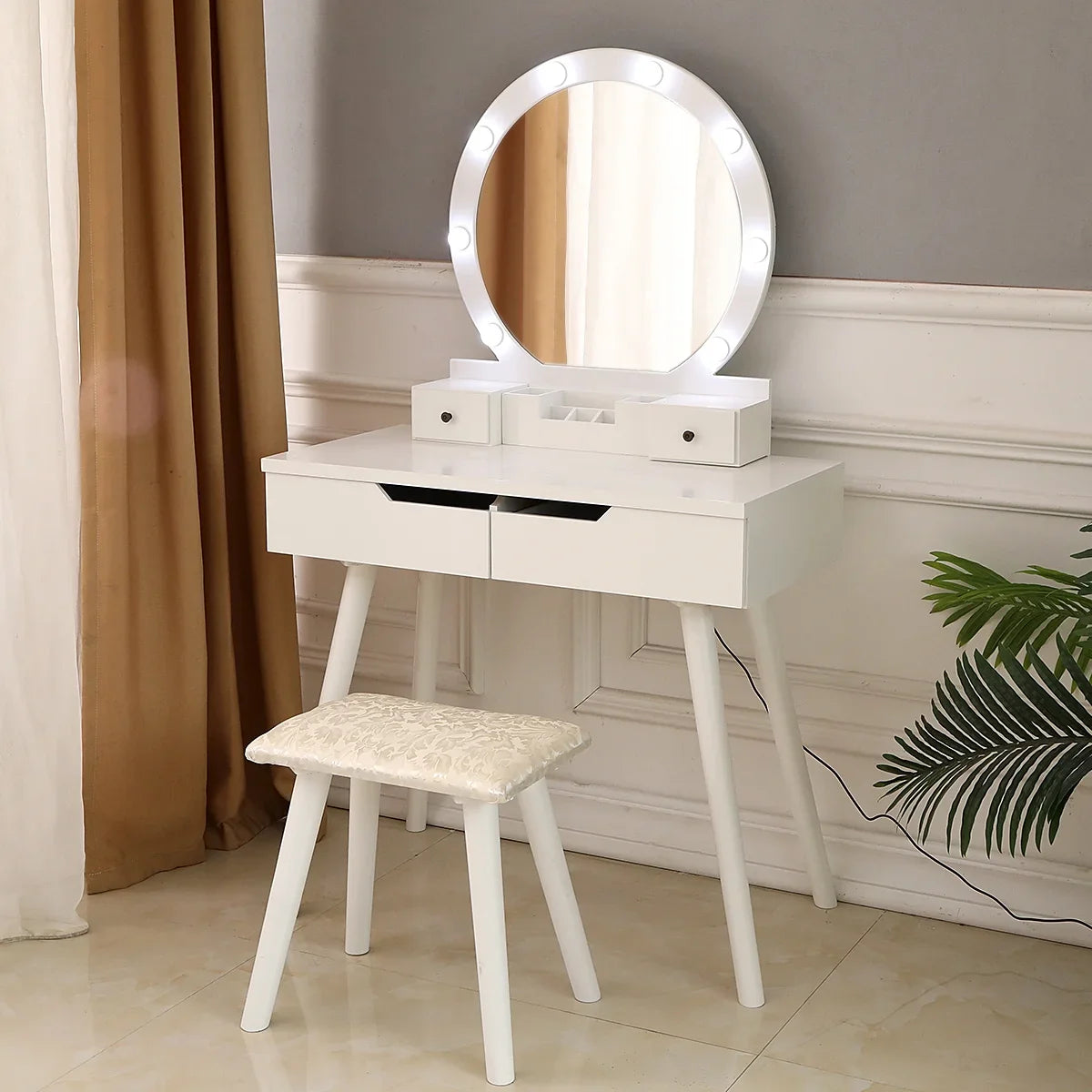 Ktaxon Vanity Set with Round Lighted Mirror, Makeup Dressing Table with 8 Light Bulbs & Cushioned Stool Set,Bedroom Vanities Set White