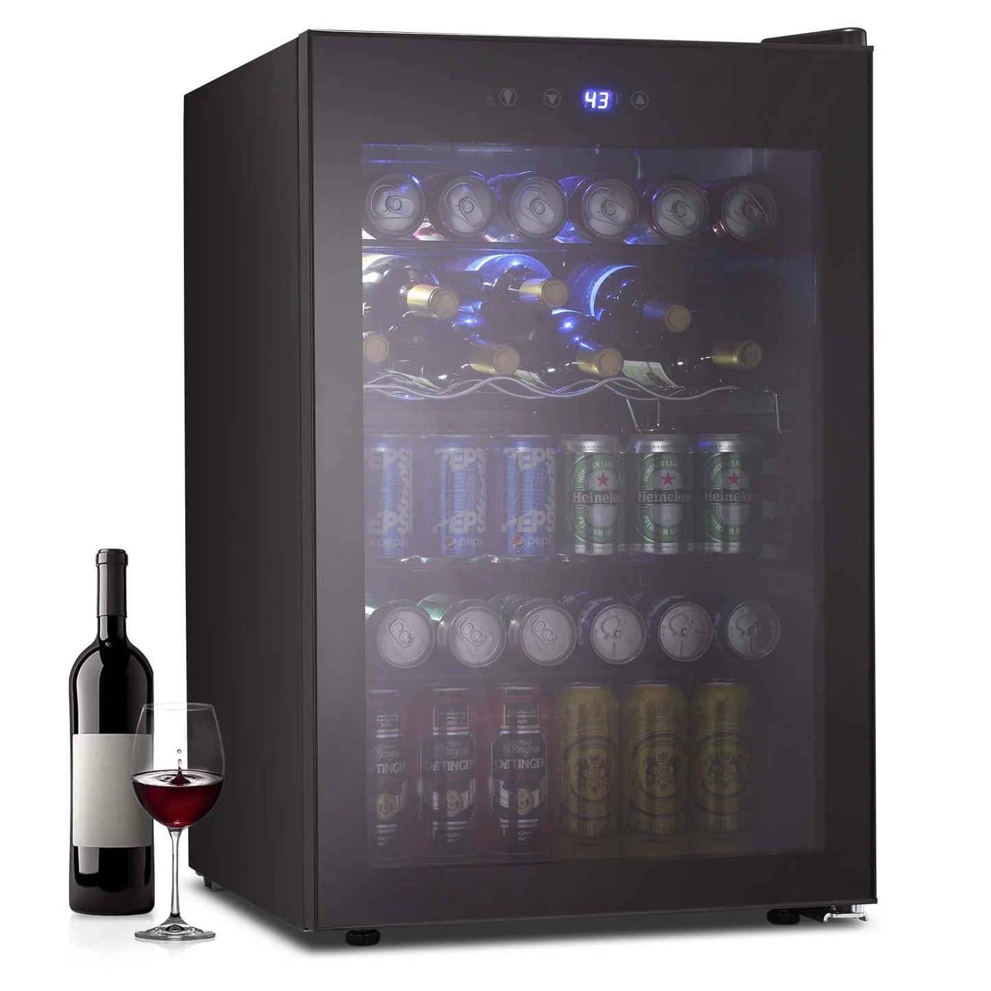 Auseo 145 Cans Beverage Refrigerator Cooler, Black Glass Door, Adjustable Shelf, Bar/Office/Home, Black