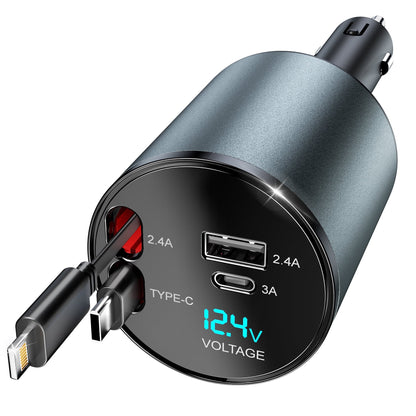 60W Multi-Port Car Fast Charger with Retractable Cable Car Cigarette Lighter Adapter, 4-in-1 Fast Charger for Smart Devices, Compatible with iPhone/Galaxy/Google/Tablet/Laptop, etc.