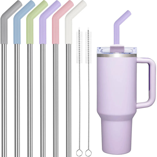 Tomorotec 12-Inch Stainless Steel Straw with Silicone Extender Tip for Stanley Adventure Quencher 40oz Tumbler 6-Pack with 2 Cleaning Brushes, 0.4" Diameter Straws Food Grade BPA-Free Colorful Set