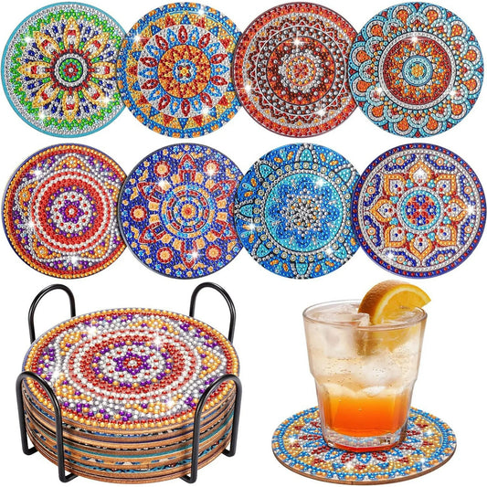 Diamond Painting Coasters with Holder,DIY Datura flower Life Coaster Diamond Art Kitsfor Beginners, Adults Small Diamond Painting Kit Art Craft Supplies(8 Pcs )