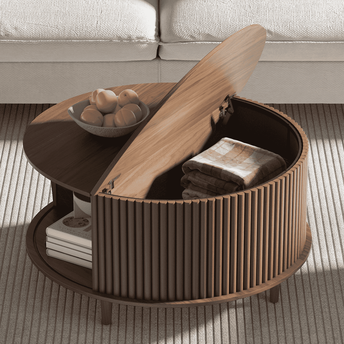 JOINICE Mid Century Modern Round Flip Top Coffee Table with Storage,for Living Room,Walnut