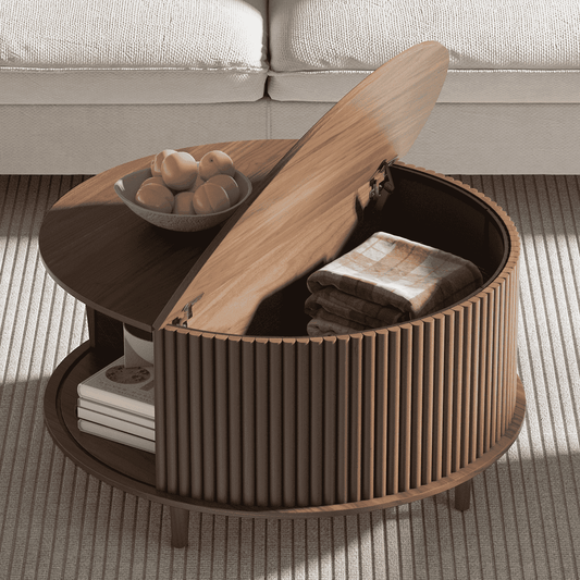 JOINICE Mid Century Modern Round Flip Top Coffee Table with Storage,for Living Room,Walnut