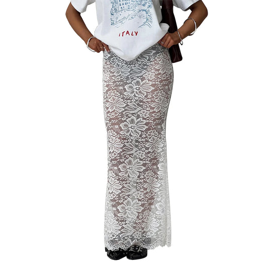 Peyakidsaa Women's Lace Skirt Summer Skinny Skirt Sheer Lace Floral Long Skirt