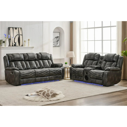 Manual Recliner Sofa Sets with Bass Speaker,Wireless Charger Faux Leather Manual Reclining Living Room Furniture Set