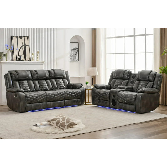 Manual Recliner Sofa Sets with Bass Speaker,Wireless Charger Faux Leather Manual Reclining Living Room Furniture Set