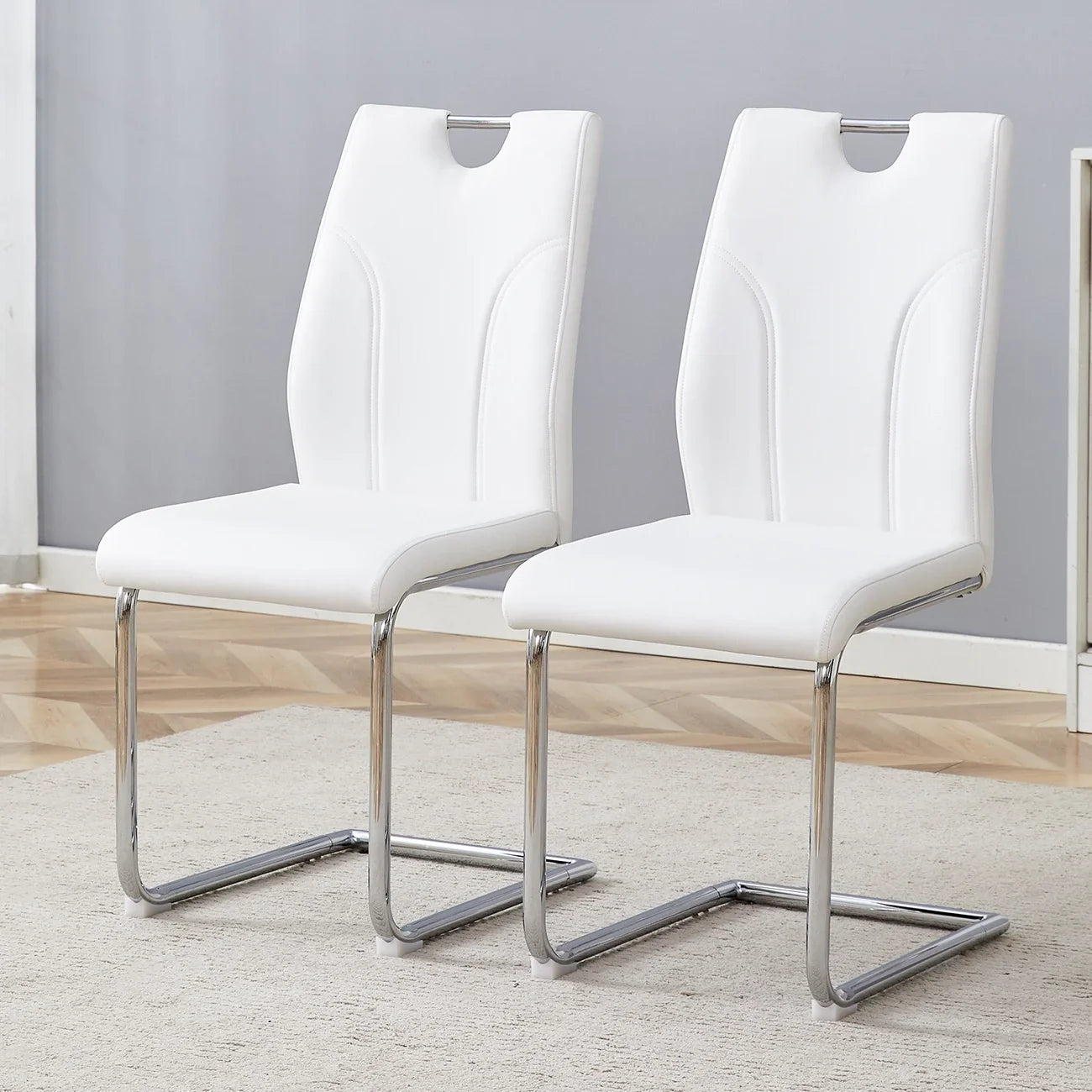 Sumdeal Modern White Pu Leather Dining Chair Set with Silver C-shaped Metal Legs,Set of 2