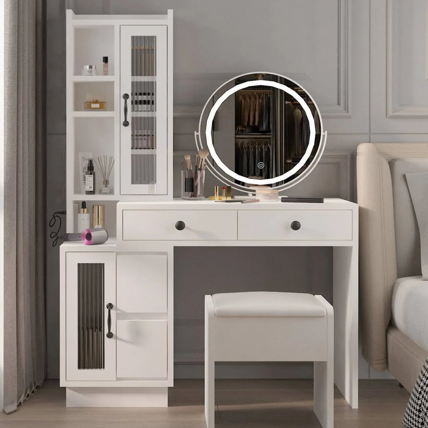 Ktaxon Vanity Table with 3 Color Lighted Mirror, Makeup Dressing Table with USB Charging Station, Dresser Table for Women,White