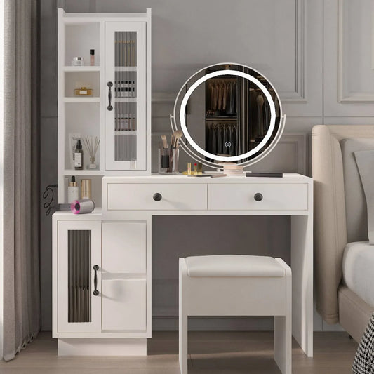 Ktaxon Vanity Table with 3 Color Lighted Mirror, Makeup Dressing Table with USB Charging Station, Dresser Table for Women,White