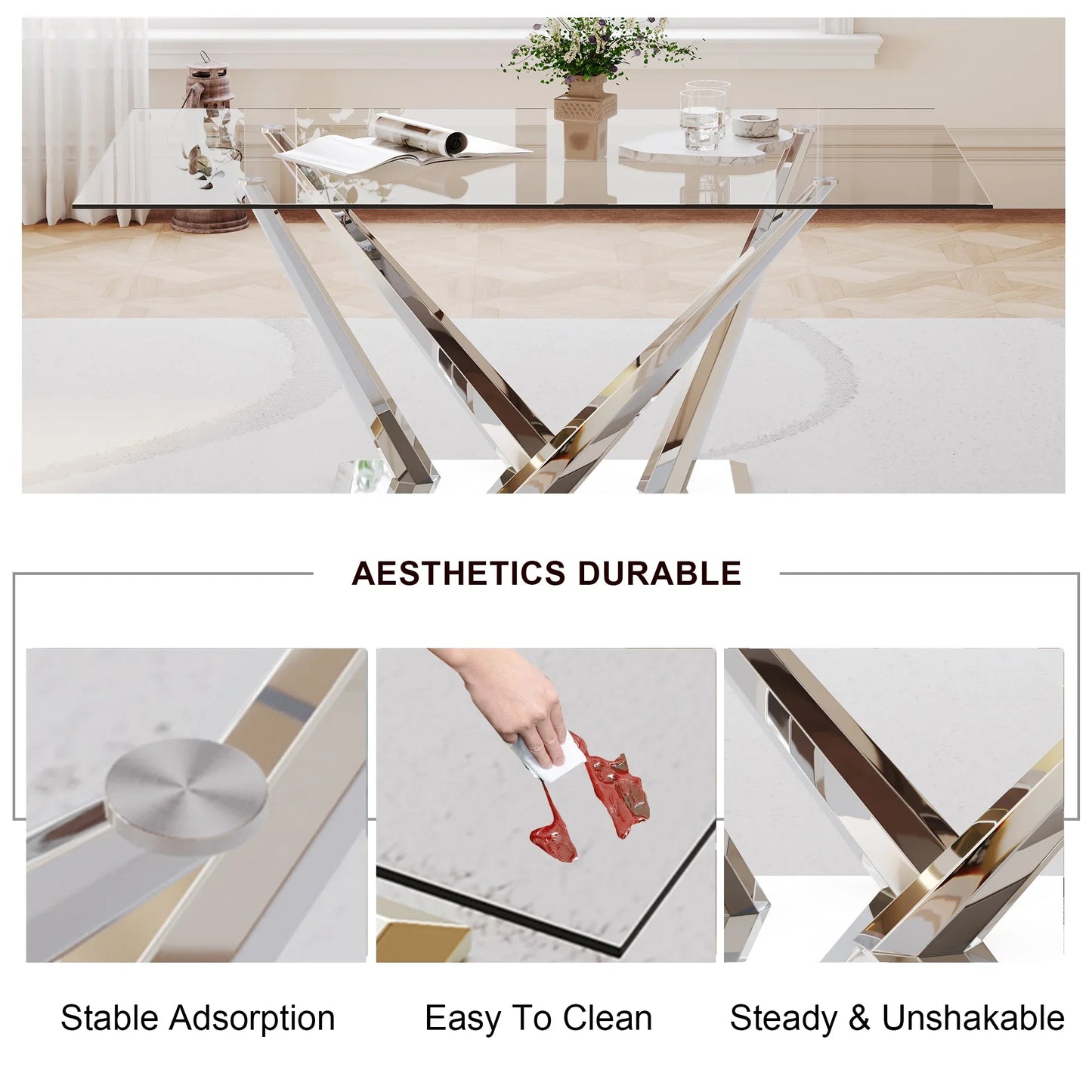 63" rectangele Glass Dining Table Sets for 6,Modern Dining Table with Silver base and 6 Silver Leg PU Chairs Room Set for Kitchen Dining Room,Living room,Glass table and White Chairs