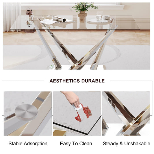 63" rectangele Glass Dining Table Sets for 6,Modern Dining Table with Silver base and 6 Silver Leg PU Chairs Room Set for Kitchen Dining Room,Living room,Glass table and White Chairs