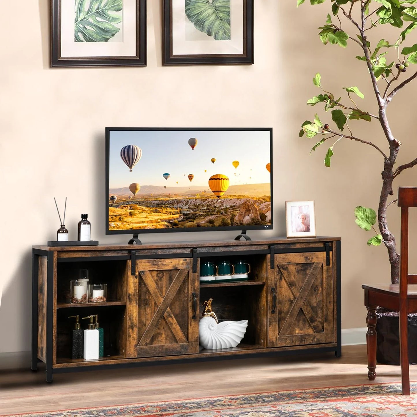 Ktaxon Farmhouse TV Stand for 65'' TVs, Rustic Natural Brown Entertainment Center, Barn Doors TV Cabinet with Storage Cubes Furniture