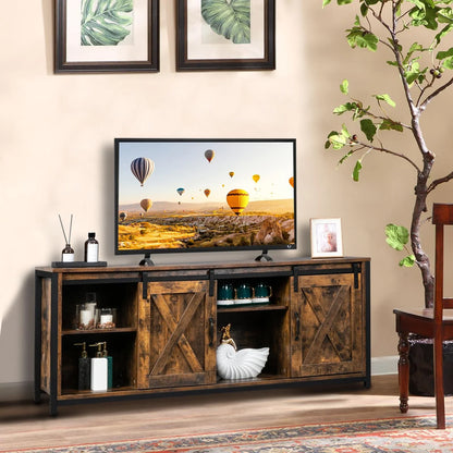 Ktaxon Farmhouse TV Stand for 65'' TVs, Rustic Natural Brown Entertainment Center, Barn Doors TV Cabinet with Storage Cubes Furniture