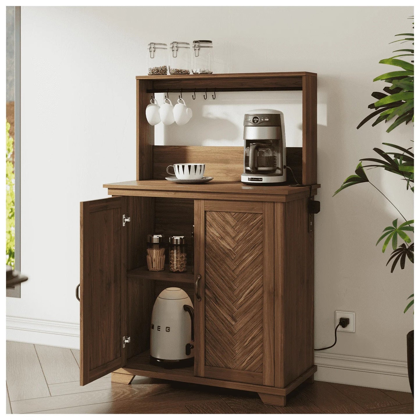 JOINICE Farmhouse Coffee Bar Cabinet,Charging Station,6 Hooks and Adjustable Shelf, Walnut