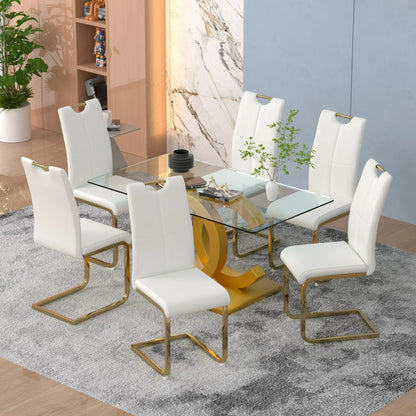 63" Modern Glass Dining Table Set with 6 White Pu Leather Chairs, 7 pieces of Dining room Set for Kitchen Dining Room Living Room Office