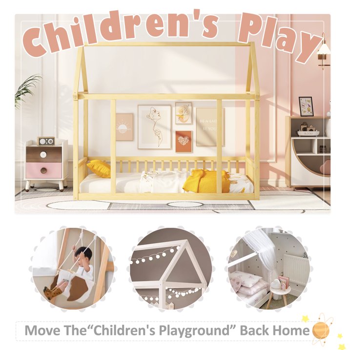 VLDTDRDI Twin Floor Bed with Door and High Fence,Pine Wood Kids Bed,House Bed for Kids, Girls, Boys, Floor Bed Without Slats,Natural