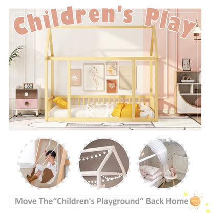 VLDTDRDI Twin Floor Bed with Door and High Fence,Pine Wood Kids Bed,House Bed for Kids, Girls, Boys, Floor Bed Without Slats,Natural