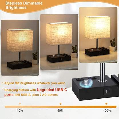 Bedside Table Lamp for Bedroom with Dual Fast USB Charging Ports, Fully Dimmable Nightstand Lamps with 2 Phone Stands