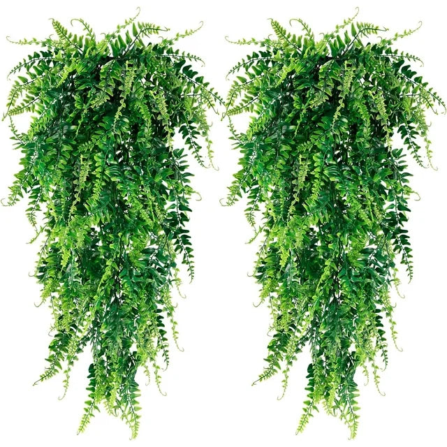 2 Pack Artificial Hanging Boston Fern Plants Faux Rattan Plants Fake Vines Greenery for Indoor Outdoor Room Wall Wedding Patio Porch Decor